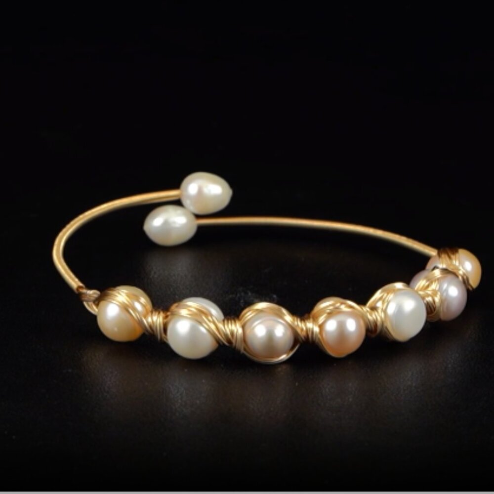 Multi Color Freshwater Pearl Bangle Bracelet in Goldtone (Adjustable) - Picture 3 of 5